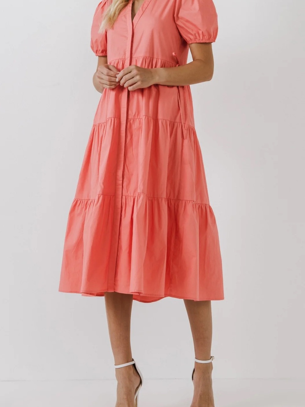 English Factory Coral Puff-Sleeve Tiered Midi Dress
